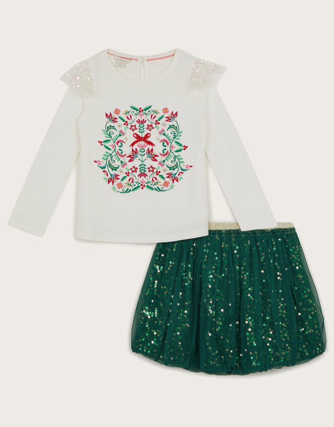 Long Sleeve Christmas Wreath Top and Skirt Set, Green (GREEN), large