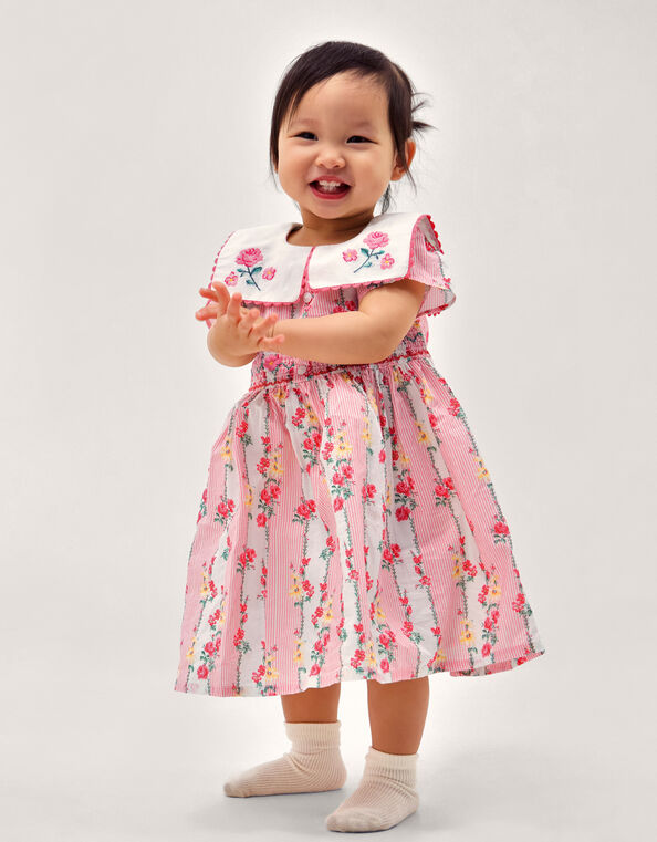 Baby Floral Stripe Square Collar Dress, Pink (PINK), large