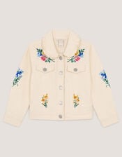 Embellished Floral Denim Jacket, Ivory (IVORY), large