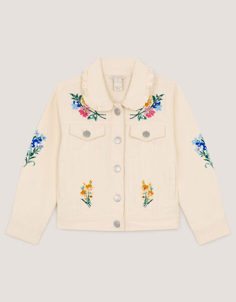 Embellished Floral Denim Jacket, Ivory (IVORY), large