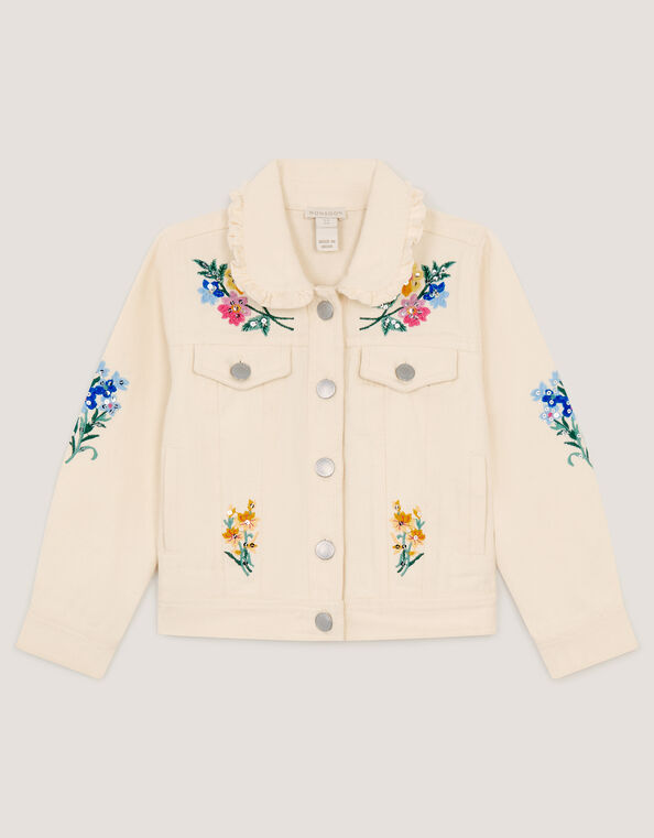 Embellished Floral Denim Jacket, Ivory (IVORY), large