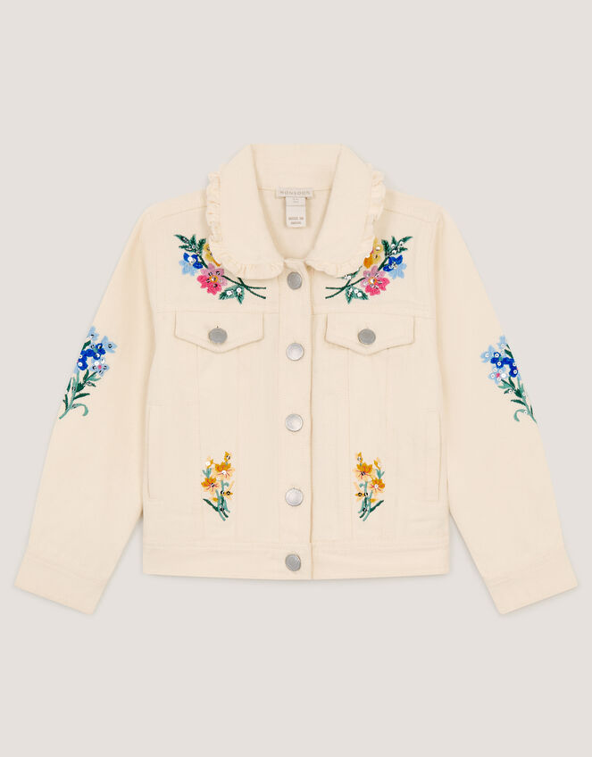 Embellished Floral Denim Jacket, Ivory (IVORY), large