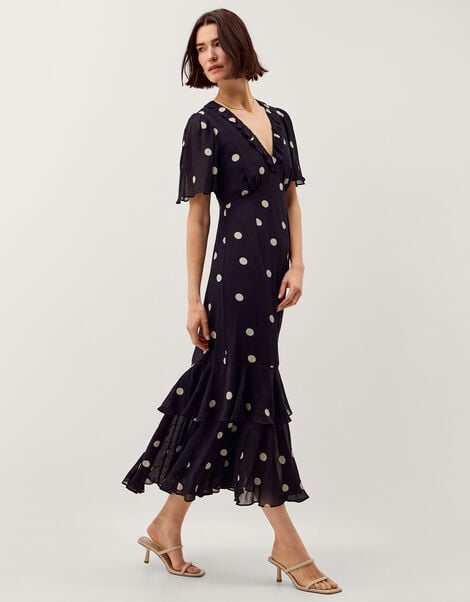 Rowena Polka Dot Ruffle Midi Dress, Blue (NAVY), large