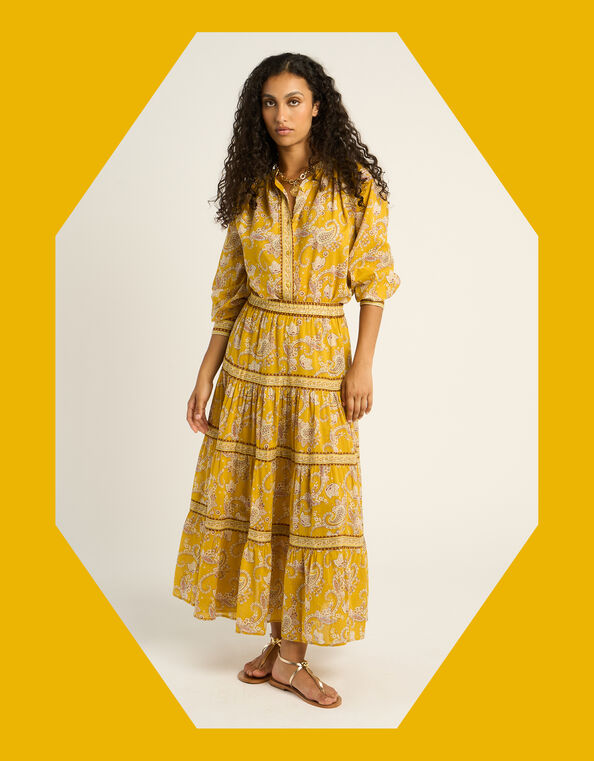 Petite Mendigote Jill Paisley Tiered Midi Skirt, Yellow (YELLOW), large