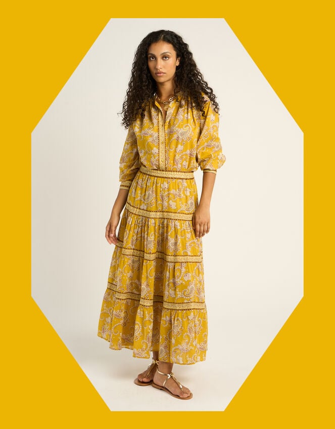 Petite Mendigote Jill Paisley Tiered Midi Skirt, Yellow (YELLOW), large