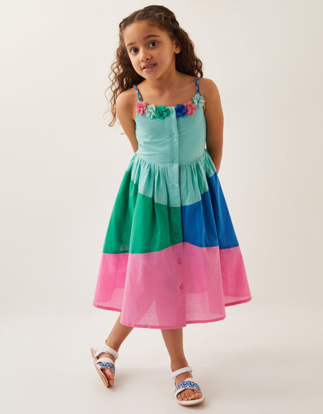 Strappy Applique Floral Colourblock Dress, Blue (AQUA), large