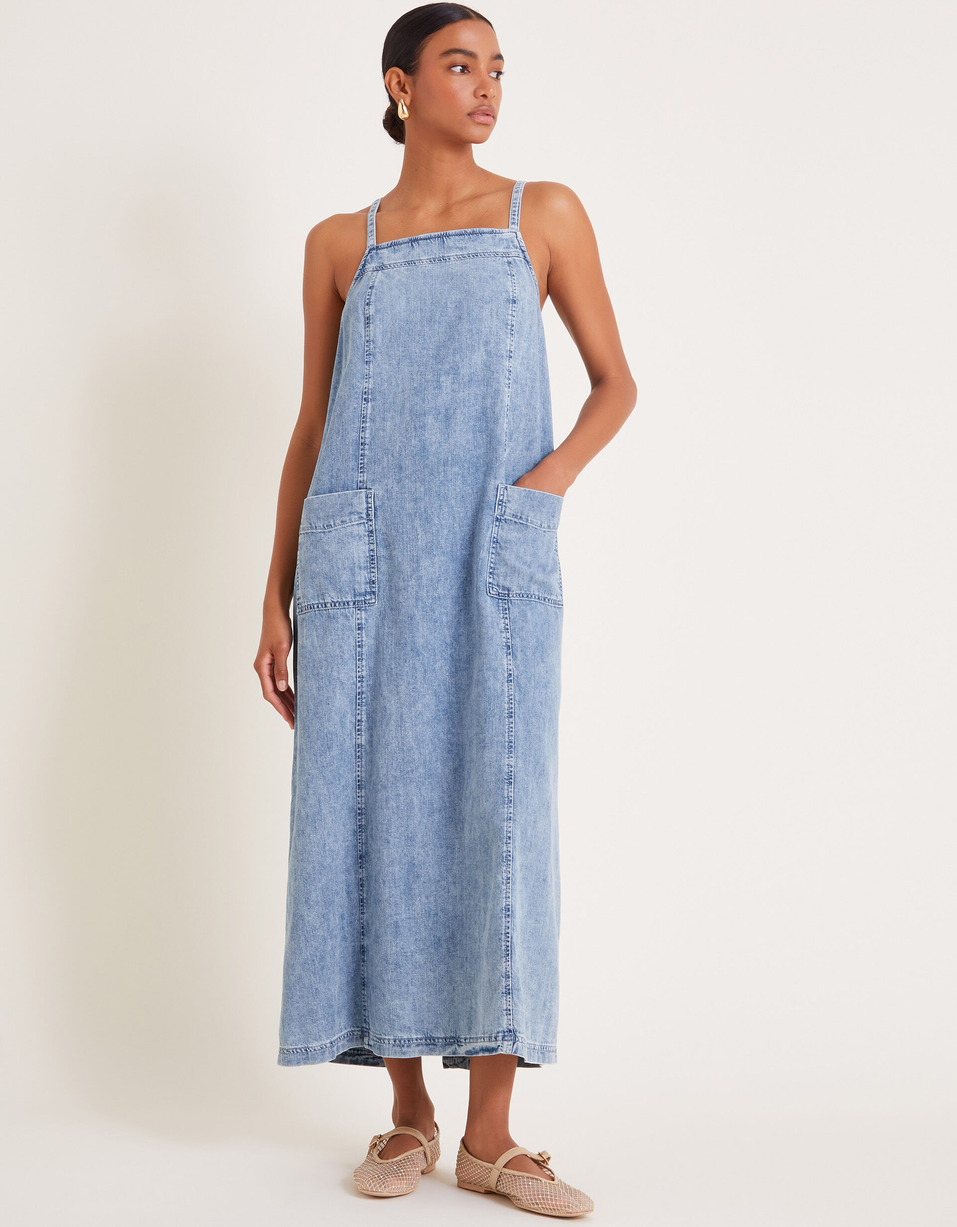 Blue denim pinafore dress outlet