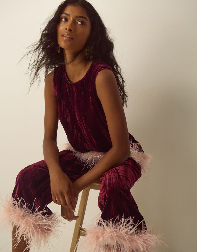 Emma Sleeveless Faux Feather Velvet Top, Red (BURGUNDY), large