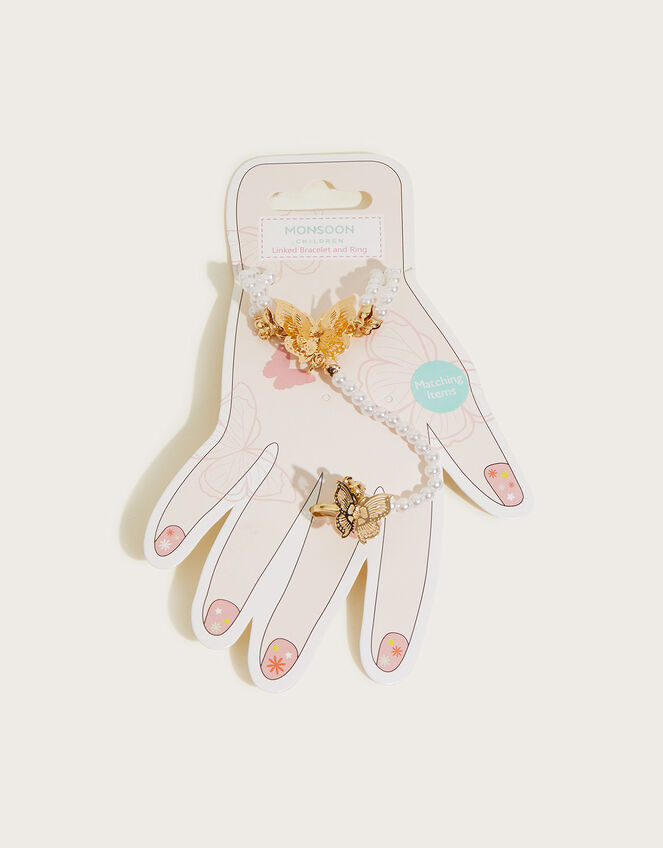 Butterfly Pearl Linked Bracelet and Ring Set, , large