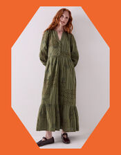 East Tasia Patchwork Broderie Maxi Dress, Green (OLIVE), large