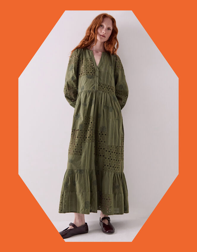 East Tasia Patchwork Broderie Maxi Dress, Green (OLIVE), large