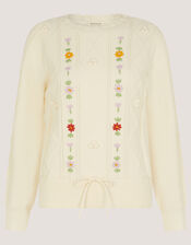 Elsie Floral Embroidered Cable Knit Jumper, Ivory (IVORY), large