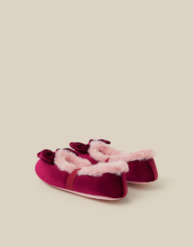 Bow Faux Fur Velvet Slippers, Red (BURGUNDY), large