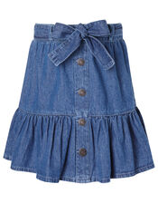 Frill Hem Denim Skirt in Organic Cotton, Blue (BLUE), large