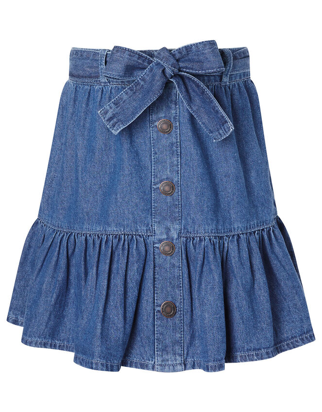 Frill Hem Denim Skirt in Organic Cotton, Blue (BLUE), large