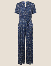 Printed Wide Leg Jersey Jumpsuit, Blue (NAVY), large