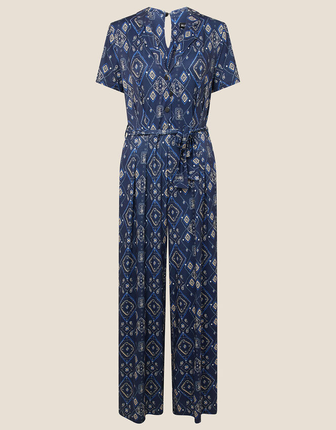 Printed Wide Leg Jersey Jumpsuit, Blue (NAVY), large