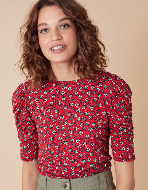 Printed Jersey Puff Sleeve Top Red