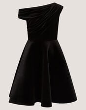 One-Shoulder Velvet Skater Dress, Black (BLACK), large