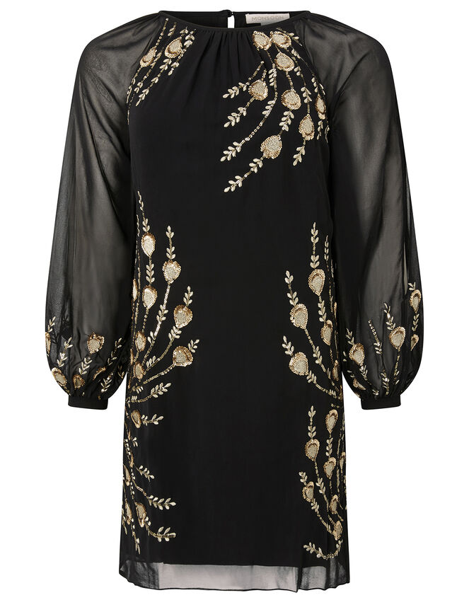 Faye Sequin Feather Tunic Dress, Black (BLACK), large