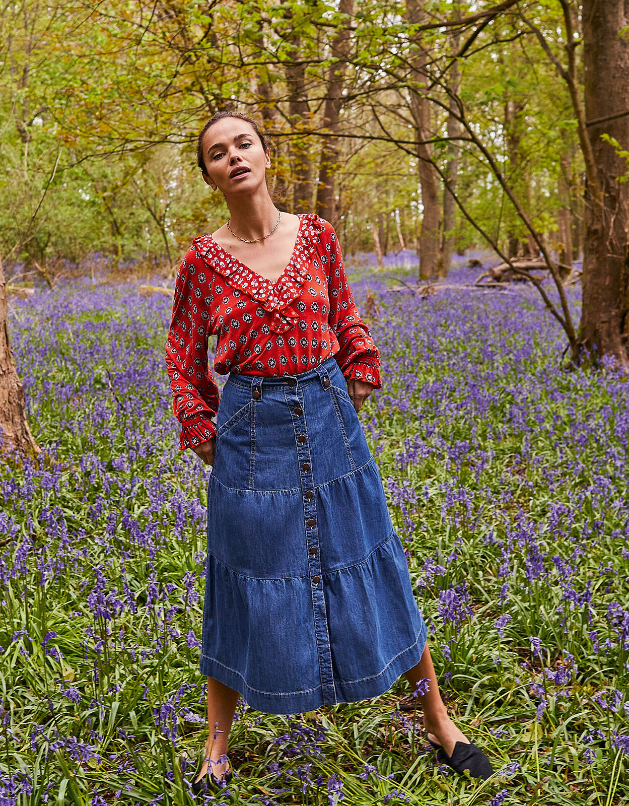 Tiered Denim Midi Skirt Blue