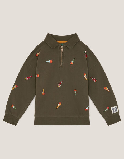 Spaceship Embroidered Polo Sweatshirt, Green (KHAKI), large