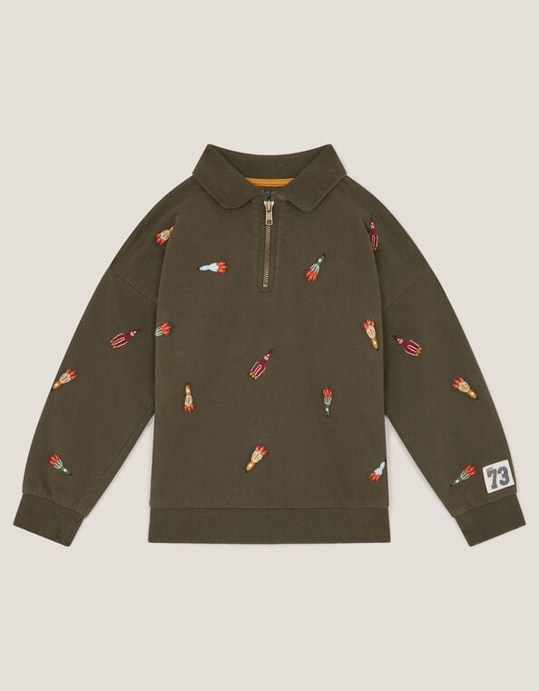 Spaceship Embroidered Polo Sweatshirt, Green (KHAKI), large