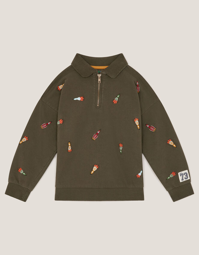 Spaceship Embroidered Polo Sweatshirt, Green (KHAKI), large