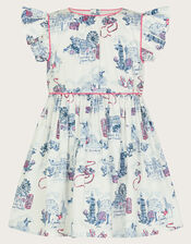 Baby London Print Frilly Cotton Dress, Ivory (IVORY), large