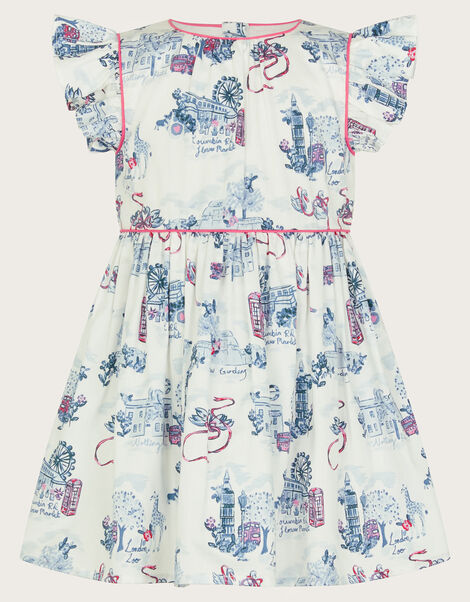 Baby London Print Frilly Cotton Dress, Ivory (IVORY), large