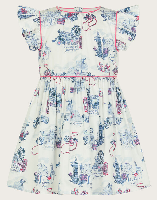Baby London Print Frilly Cotton Dress, Ivory (IVORY), large