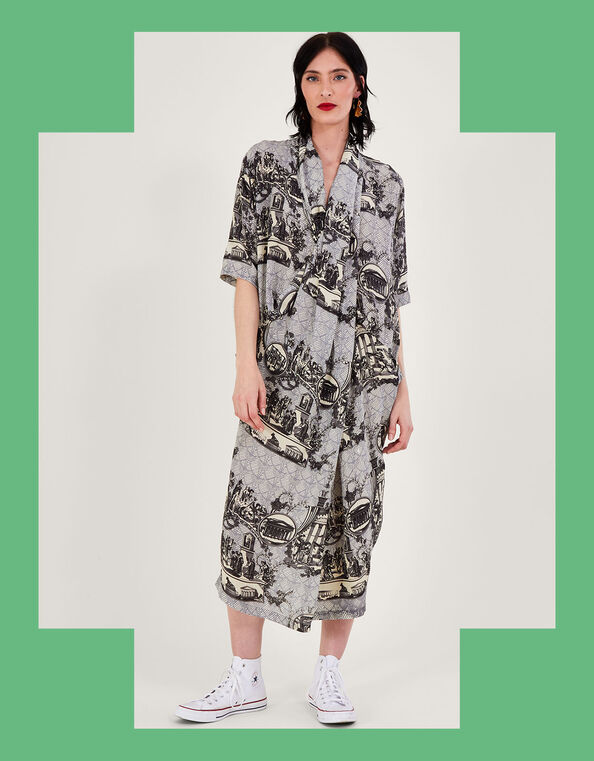 One Hundred Stars Ancient Columns Print Rachel Dress, Grey (CHARCOAL), large