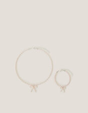 Pearl Bow Pendant Necklace and Bracelet Set, , large