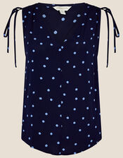 Printed Ruched Sleeve Curved Hem Top, Blue (BLUE), large