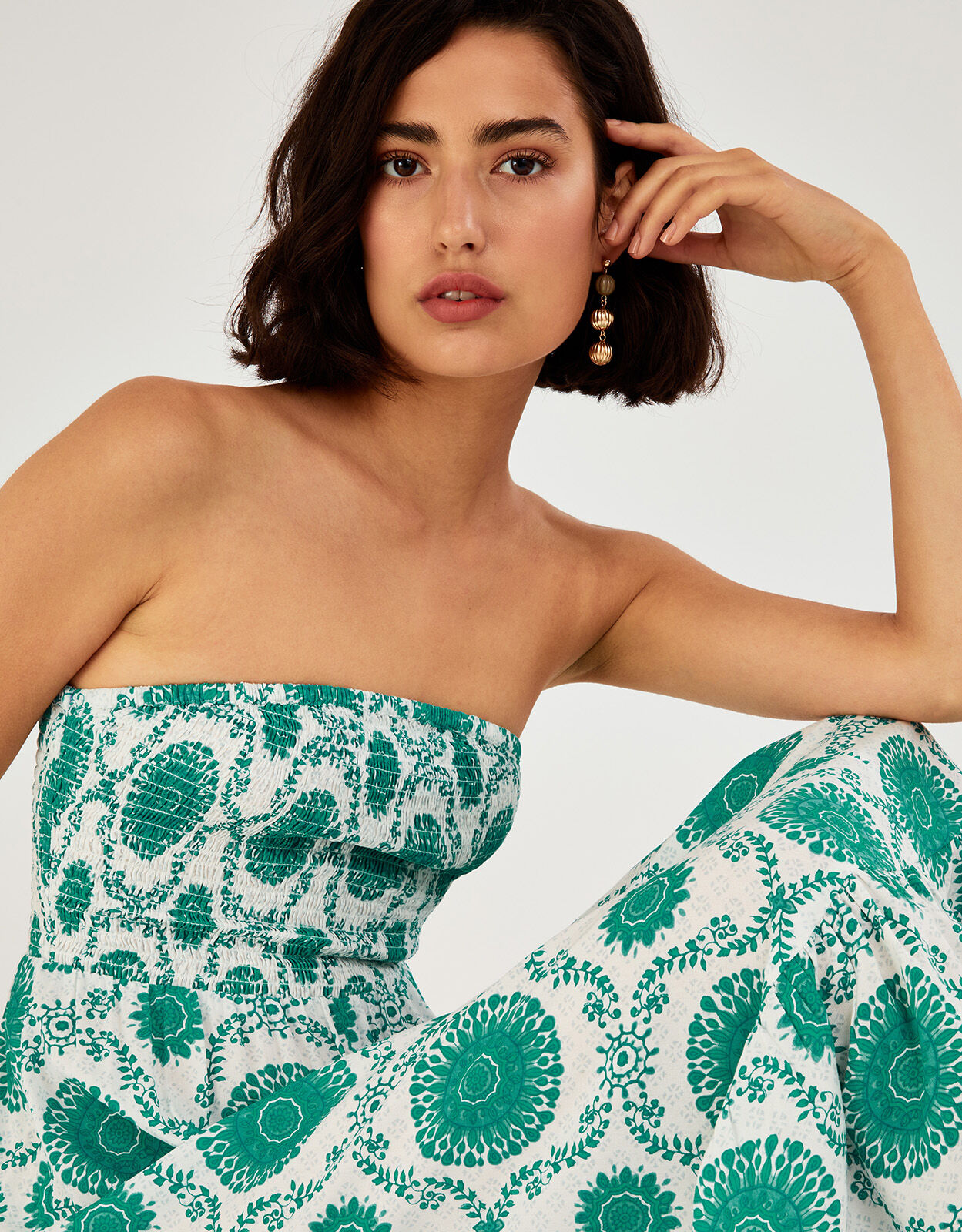 Medallion Tile Shirred Bandeau Dress 