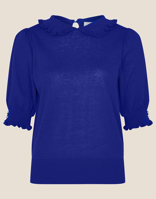 Ruffle Collar Jumper in Linen Blend, Blue (BLUE), large