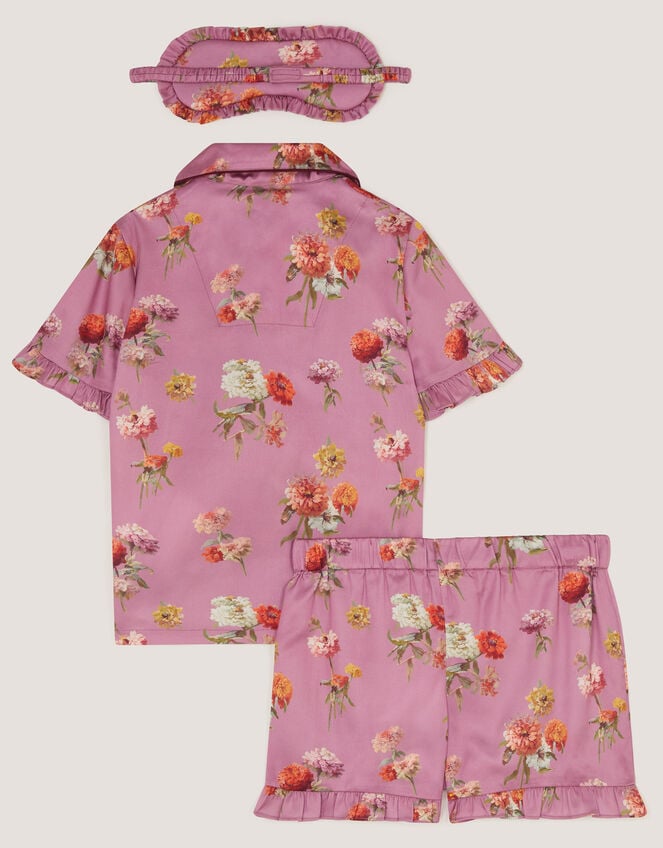 Floral Satin Short Pyjamas & Eye Mask Set, Purple (LILAC), large