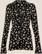 Ditsy Print Ruched Jersey Shirt, Black (BLACK), large