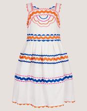 Ric Rac Embroidered Cotton Dress, White (WHITE), large