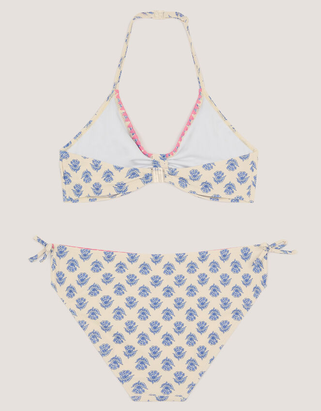 Floral Print Halter Bikini Set, White (WHITE), large
