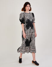 Scarf Print Poplin Midi Dress, Black (BLACK), large