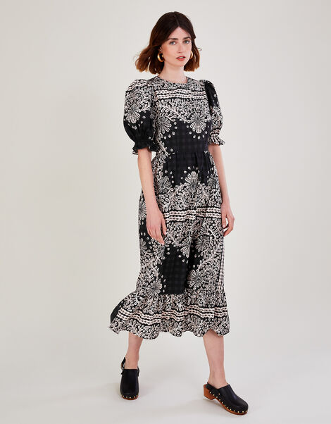 Scarf Print Poplin Midi Dress Black, Black (BLACK), large