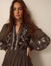 Josephine Long Sleeve Floral Embellished Maxi Dress, Brown (CHOCOLATE), large