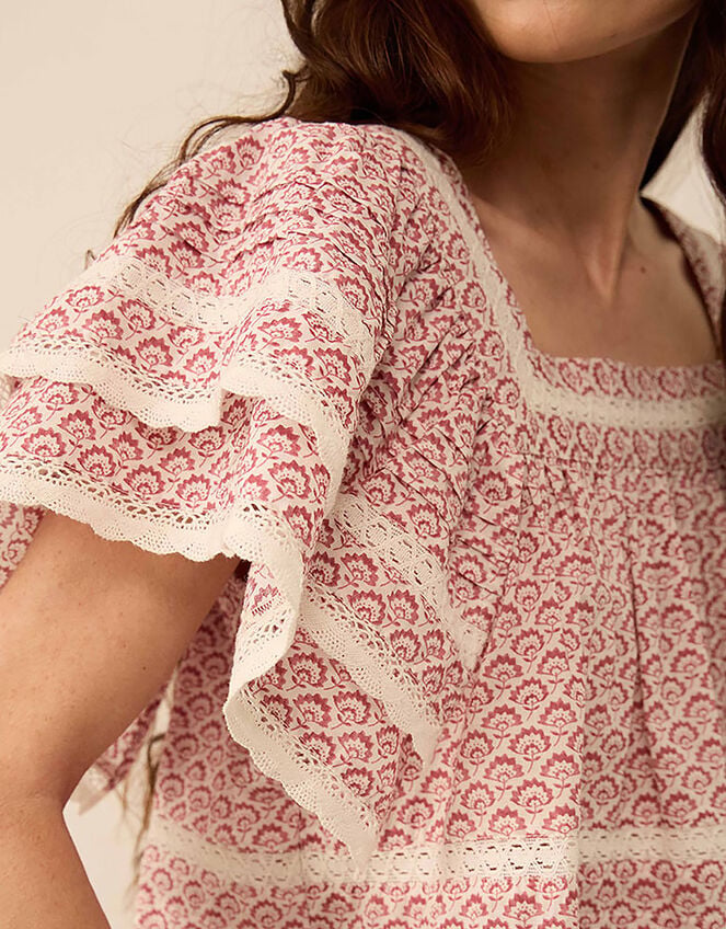 East Alina Printed Floral Lace Insert Top, Pink (PINK), large