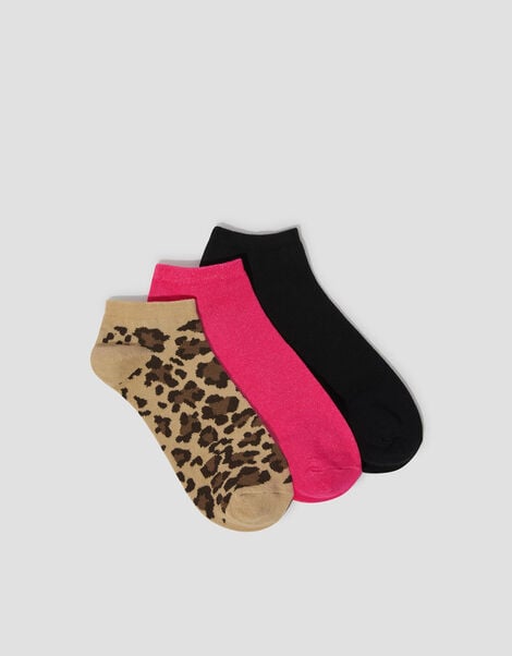 3-Pack Plain and Leopard Print Trainer Socks, , large