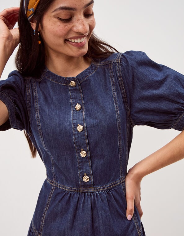 Eliza Puff Sleeve Denim Midi Dress, Blue (MID AUTHENTIC BLUE), large