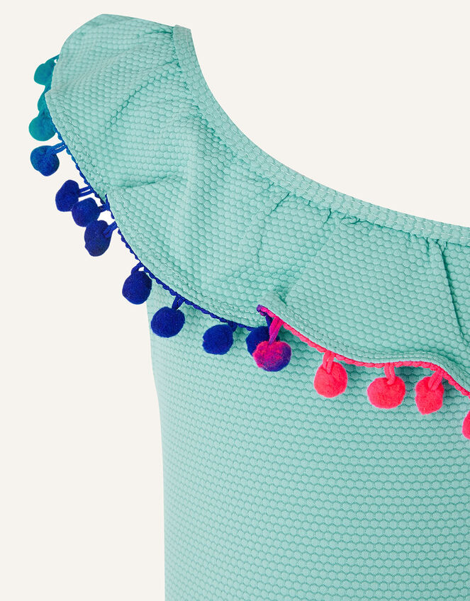One Shoulder Frill Textured Swimsuit , Blue (TURQUOISE), large