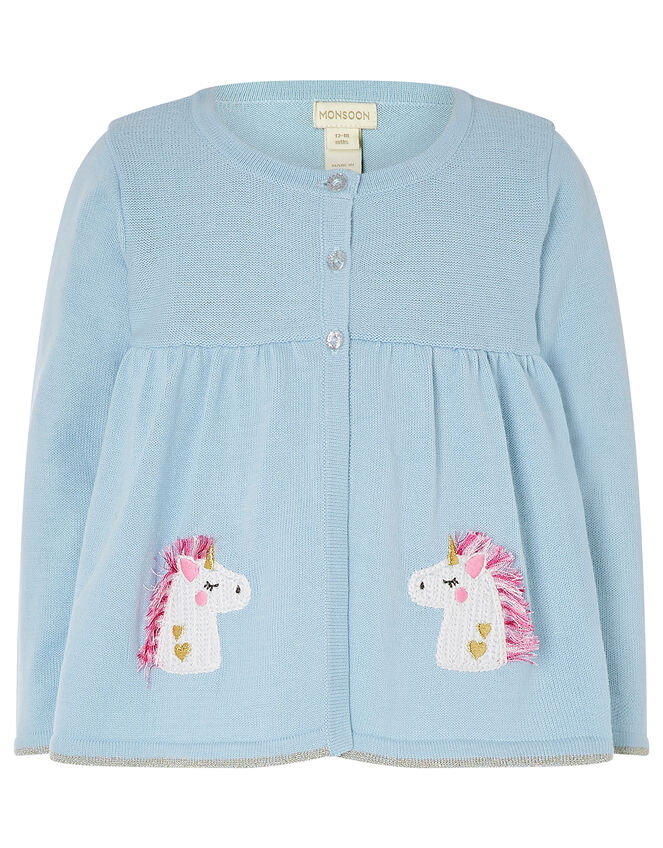 Baby Unicorn Cardigan in Pure Cotton, Blue (BLUE), large