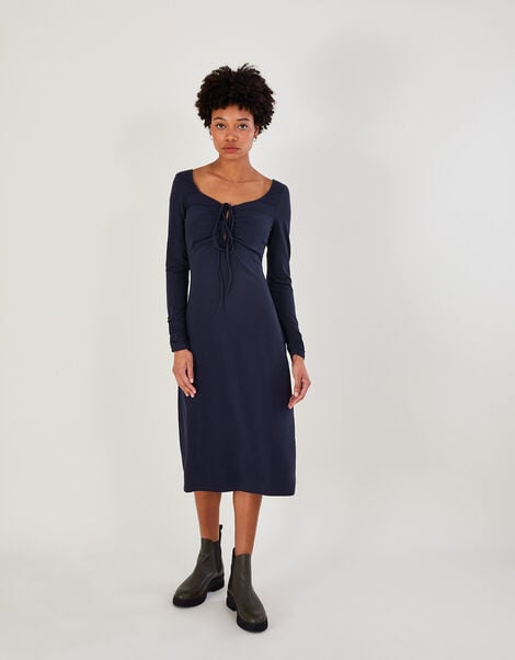 Ruched Jersey Midi Dress with Sustainable Cotton Blue, Blue (NAVY), large