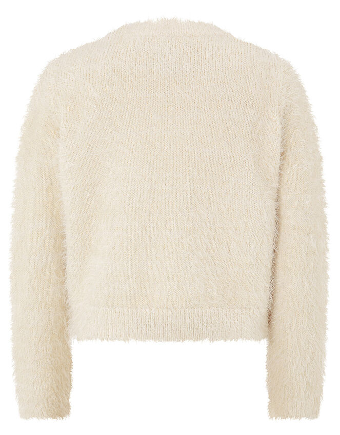 Sequin Bow Fluffy Knit Cardigan, Ivory (IVORY), large